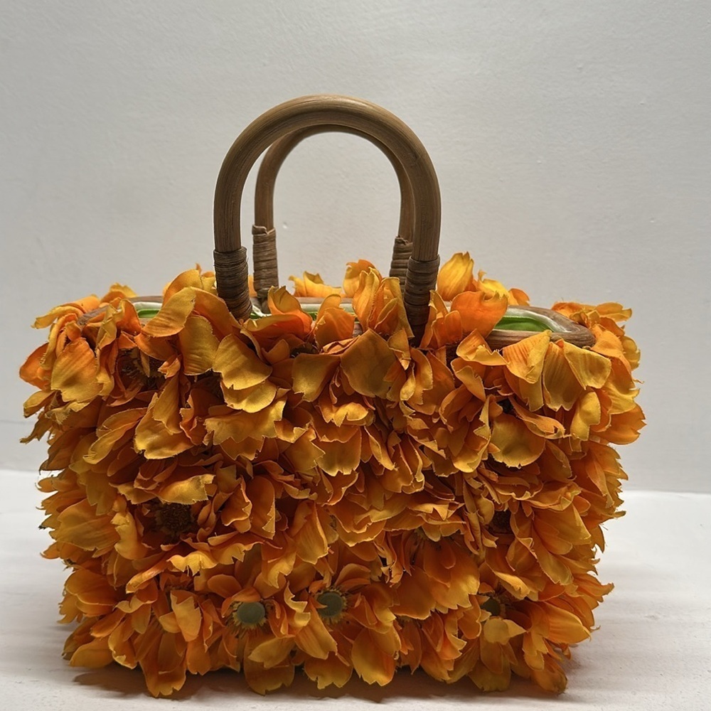 Gretchen Scott Floral Wicker Basket Bag Wooden Top Handles Purse Marigold Orange - Picture 4 of 9